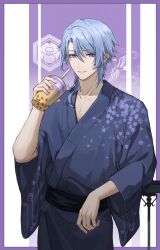 Rule 34 | 1boy, absurdres, alternate costume, arm support, black sash, blue hair, blue kimono, border, bubble tea, chinese commentary, collarbone, commentary request, cowboy shot, cup, disposable cup, drinking straw, floral print, genshin impact, hair between eyes, hair over shoulder, hand up, highres, holding, holding cup, japanese clothes, kamisato ayato, kimono, long sleeves, looking at viewer, male focus, medium hair, mole, mole under mouth, obi, outside border, parted bangs, parted lips, print kimono, purple background, purple border, purple eyes, sash, sidelocks, simple background, smile, solo, standing, swept bangs, table, two-tone background, white background, wide sleeves, zxuan l