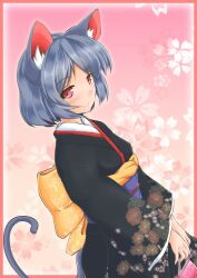 Rule 34 | 1girl, alternate costume, animal ears, black kimono, blush, border, dutch angle, floral background, grey hair, japanese clothes, kimono, long sleeves, mouse ears, mouse tail, nazrin, obi, pink background, red border, red eyes, sash, short hair, solo, tail, tetsuhige, touhou