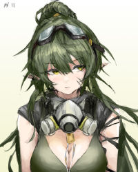 Rule 34 | 1girl, absurdres, arknights, bare shoulders, breasts, cleavage, closed mouth, gas mask, gavial (arknights), gavial the invincible (arknights), goggles, goggles on head, gradient background, green background, green hair, highres, large breasts, long hair, looking away, looking to the side, mask, mask around neck, pointy ears, ponytail, scar, scar on face, sketch, sleeveless, solo, upper body, yellow eyes