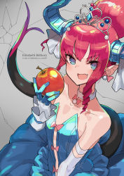 Rule 34 | 1girl, absurdres, asymmetrical horns, bare shoulders, blue dress, blue eyes, blush, breasts, detached sleeves, dragon girl, dragon horns, dragon tail, dress, earrings, elizabeth bathory (cinderella rider) (fate), elizabeth bathory (fate), elizabeth bathory (fate/extra ccc), fang, fate/grand order, fate (series), gloves, halloween, highres, horns, jewelry, katsu (katsupainter), long hair, looking at viewer, pink hair, pointy ears, skin fang, small breasts, smile, solo, tail, tiara, uneven horns