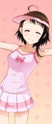 Rule 34 | 10s, 1girl, ahoge, armpits, brown hair, collarbone, closed eyes, miniskirt, nisekoi, onodera kosaki, outstretched arms, pink shirt, pink skirt, pleated skirt, polka dot, polka dot shirt, shirt, short hair, skirt, sleeveless, sleeveless shirt, smile, solo, visor cap