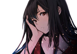 Rule 34 | 1girl, black hair, brown eyes, closed mouth, collarbone, from side, frown, head rest, highres, light particles, long hair, looking at viewer, looking to the side, noraico, original, sidelocks, solo, upper body, white background