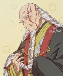 Rule 34 | 1boy, bald, beard, blush, braid, braided beard, chinese clothes, facial hair, fate/grand order, fate (series), highres, long beard, magatama, male focus, multiple braids, old, old man, scar, scar across eye, smile, solo, thick eyebrows, upper body, very long beard, white hair, wrinkled skin, yellow background, yellow eyes, yukino (stardust), zhang jue (fate)