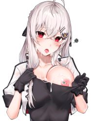 Rule 34 | 1girl, anparu, bad id, bad pixiv id, barcode, black gloves, black shirt, blush, breasts, clothes pull, commentary, cropped jacket, crossed bangs, cum, cum in mouth, cum on body, cum on upper body, girls&#039; frontline, gloves, hair between eyes, hair ornament, hair ribbon, hairclip, iws 2000 (girls&#039; frontline), long hair, looking at viewer, military, military uniform, nipples, open mouth, red eyes, ribbon, shirt, shirt pull, sidelocks, silver hair, simple background, solo, squiggle, uniform, upper body, white background