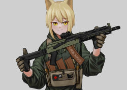 Rule 34 | 1girl, absurdres, ak-105, ammunition pouch, animal ears, assault rifle, blonde hair, body armor, brown gloves, closed mouth, commentary, cross, first aid kit, folding stock, foregrip, gloves, green jacket, gun, highres, holding, holding gun, holding weapon, hood, hood down, hooded jacket, hoodie, jacket, kalashnikov rifle, load bearing vest, looking at viewer, magazine (weapon), mardjan, medic, military operator, optical sight, original, bulletproof vest, pouch, red cross, rifle, russian text, short hair, simple background, smile, solo, tactical clothes, translated, upper body, vertical foregrip, weapon, yellow eyes