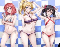 Rule 34 | 3girls, arm under breasts, arm up, ayase eli, bare arms, bare shoulders, bikini, black hair, blonde hair, blue background, blue eyes, blush, bow, breasts, breath, cameltoe, checkered background, cleavage, closed mouth, collarbone, commentary request, cutie panther, double w, flat chest, gluteal fold, grin, hair bow, twirling hair, hand up, highres, large breasts, long hair, looking at viewer, love live!, love live! school idol project, medium breasts, medium hair, micro bikini, multiple girls, navel, nishikino maki, parted lips, playing with own hair, ponytail, pretzel bikini, purple bikini, purple eyes, r-binon, red bikini, red bow, red eyes, red hair, side-tie bikini bottom, sidelocks, smile, standing, stomach, string bikini, striped bikini, striped clothes, sweat, sweatdrop, swimsuit, thighs, tile wall, tiles, twintails, w, wet, white bikini, yazawa nico