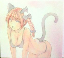 Rule 34 | 1girl, animal ears, bent over, bikini, black bikini, blush, bow, braid, breasts, cat ears, cat girl, cat tail, cleavage, collarbone, cowboy shot, female focus, gradient background, hair bow, hanging breasts, kaenbyou rin, large breasts, leaning forward, looking at viewer, open mouth, painting (medium), pink background, red eyes, red hair, solo, swimsuit, tail, touhou, traditional media, twin braids, watercolor (medium), yuyu (00365676)