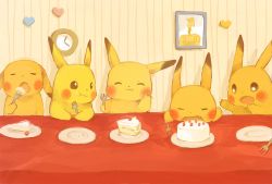 Rule 34 | bad id, bad pixiv id, blush stickers, cake, cake slice, clock, creatures (company), eating, closed eyes, fang, food, food on face, fork, game freak, gen 1 pokemon, heart, nintendo, no humans, omelette (chako3), open mouth, pikachu, plate, pokemon, pokemon (creature), table