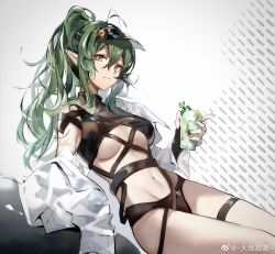 Rule 34 | 1girl, absurdres, alternate hairstyle, antenna hair, arknights, bare shoulders, breasts, chinese commentary, commentary request, cup, dadijiji, female focus, gavial (arknights), green hair, grey background, hair between eyes, highres, holding, holding cup, long hair, long sleeves, looking at viewer, medium breasts, midriff, navel, off shoulder, official alternate costume, open clothes, open shirt, parted lips, pointy ears, ponytail, shirt, sidelocks, sleeveless, smile, solo, stomach, thigh strap, thighs, underboob, visor cap, weibo logo, weibo watermark, white shirt, yellow eyes