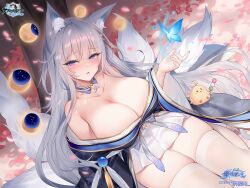 Rule 34 | 1girl, against tree, anchor symbol, animal ear fluff, animal ears, armpit crease, azur lane, bare shoulders, bird, blue butterfly, blue collar, blue kimono, blush, breasts, bug, butterfly, character name, cherry blossoms, chick, cleavage, closed mouth, collar, collarbone, copyright name, dango, detached collar, floating, floating object, food, fox ears, fox girl, fox tail, from above, grey hair, grey tail, hair between eyes, hair ornament, hand up, highres, huge breasts, insect, japanese clothes, kimono, kitsune, kyuubi, large tail, logo, long hair, long sleeves, looking at viewer, miniskirt, mole, mole under eye, moon, multiple tails, off shoulder, open mouth, petals, pleated skirt, purple eyes, shinano (azur lane), short kimono, sidelocks, sitting, skindentation, skirt, skirt under kimono, solo, sora 72-iro, tail, thick thighs, thighhighs, thighs, tree, very long hair, wagashi, white skirt, white thighhighs, wide sleeves, zettai ryouiki