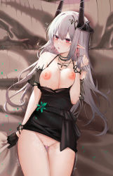 Rule 34 | 1girl, arknights, black dress, black gloves, black sleeves, blush, bracelet, breasts, breasts out, cowboy shot, demon horns, detached sleeves, dress, ear piercing, gloves, green flower, grey hair, hair ornament, hand in own hair, highres, horns, jewelry, large breasts, long hair, looking at viewer, lying, material growth, mudrock (arknights), mudrock (obsidian) (arknights), necklace, nipples, no panties, on back, open mouth, oripathy lesion (arknights), piercing, pointy ears, red eyes, ru zhai, sex toy, short sleeves, single glove, solo, sweat, vibrator