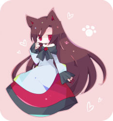 Rule 34 | 1girl, animal ears, bad id, bad pixiv id, bare shoulders, brooch, brown hair, chibi, cosmicmind, dress, female focus, fingernails, heart, imaizumi kagerou, jewelry, long fingernails, long sleeves, paw print, smile, solo, touhou, wolf ears
