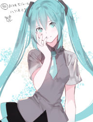 Rule 34 | 1girl, black skirt, blue eyes, blue hair, blue nails, blue necktie, breasts, closed mouth, collared shirt, grey shirt, hair between eyes, hand on own face, hand up, hatsune miku, head tilt, highres, long hair, nail polish, necktie, pleated skirt, shirt, short necktie, short sleeves, skirt, small breasts, smile, solo, twintails, very long hair, vocaloid, white background, yuuki kira