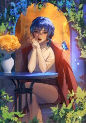 Rule 34 | 1girl, absurdres, artist name, blue butterfly, blue hair, bug, bush, butterfly, butterfly on shoulder, closed mouth, coat, coat on shoulders, collared shirt, crossed legs, elbow rest, elbows on table, flower, flower pot, full body, hand on own chin, head on hand, head rest, highres, insect, interlocked fingers, leaf, long sleeves, nature, original, pantyhose, plant, potted plant, purple butterfly, red coat, red lips, rezoeline, shirt, signature, sitting, skirt, solo, table, thighhighs, white pantyhose, white shirt, yellow flower