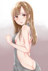 Rule 34 | 10s, 1girl, aran sweater, ass, backless dress, backless outfit, bare arms, bare back, bare shoulders, blush, breasts, brown eyes, brown hair, butt crack, cable knit, dress, grey sweater, highres, idolmaster, idolmaster cinderella girls, long hair, looking at viewer, meme attire, mizumoto yukari, naked sweater, open mouth, shirushiru (saitou888), sideboob, small breasts, smile, solo, sweater, sweater dress, turtleneck, turtleneck sweater, virgin killer sweater