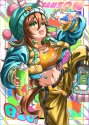 Rule 34 | 1girl, :d, absurdres, animal ears, aqua jacket, beanie, blush, breasts, brown hair, character name, collarbone, commentary, crop top, cropped jacket, ear covers, glint, green eyes, groin, hair between eyes, haruun520, hat, highres, holding, horse ears, horse girl, horse tail, jacket, jewelry, long hair, looking at viewer, medium breasts, midriff, navel, necklace, open clothes, open jacket, open mouth, orange tank top, pants, pom pom (clothes), pom pom beanie, samson big (umamusume), shoes, sidelocks, smile, sneakers, solo, spray paint, standing, standing on one leg, tail, tank top, umamusume, yellow pants