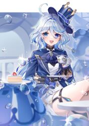 Rule 34 | 1girl, :d, ahoge, artist name, ascot, asymmetrical gloves, black gloves, blue ascot, blue eyes, blue hair, blue hat, cake, commentary, cup, food, furina (genshin impact), genshin impact, gloves, hair between eyes, hat, heterochromia, highres, holding, holding cup, holding plate, mismatched gloves, multicolored hair, open mouth, plate, sakurai momoka no musuko, sitting, smile, solo, thigh strap, thighs, two-tone hair, white gloves, white hair