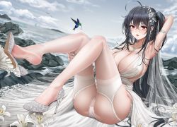 Rule 34 | 1girl, absurdres, ahoge, armlet, armpits, ass, azur lane, backless dress, backless outfit, bird, black hair, breasts, cleavage, cloud, cloudy sky, dress, earrings, evening gown, feet, flower, full body, garter straps, hair strand, high heels, highres, hummingbird, jewelry, large breasts, legs up, long hair, necklace, no shoes, official alternate costume, panties, red eyes, revision, satin dress, see-through, see-through dress, shoe dangle, silver footwear, sky, sleeveless, sleeveless dress, soles, taihou (azur lane), taihou (temptation on the sea breeze) (azur lane), thighhighs, underwear, wedding dress, white dress, white flower, white garter straps, white panties, white thighhighs, yf (hbyg)
