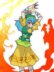 Rule 34 | 1girl, :d, apron, arms up, between fingers, blue hair, commentary, dress, eddybird55555, english commentary, flower, green apron, haniyasushin keiki, highres, holding, jewelry, long hair, looking at viewer, magatama, magatama necklace, necklace, open mouth, parody, pink eyes, pocket, ringed eyes, short sleeves, simple background, single strap, smile, solo, standing, style parody, touhou, vanripper (style), white background, wood carving tool, yellow dress