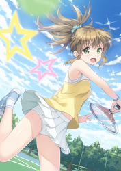 Rule 34 | 1girl, :d, brown hair, cloud, cloudy sky, day, floating hair, frilled panties, frills, green eyes, hair ornament, hair scrunchie, highres, holding, long hair, looking at viewer, miniskirt, moe2017, one eye closed, open mouth, original, outdoors, panties, pleated skirt, ponytail, racket, remi-na, remiina (reming185), scrunchie, shirt, skirt, sky, sleeveless, sleeveless shirt, smile, socks, solo, sportswear, star (symbol), tennis court, tennis racket, tennis uniform, tree, underwear, white panties, white skirt, white socks, yellow shirt