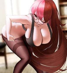 Rule 34 | 1girl, absurdres, ass, bent over, black bra, black pantyhose, blush, bra, breasts, brown eyes, brown hair, cleavage, clothes pull, commission, highres, huge breasts, long hair, multicolored hair, neo politan, nicorima, office lady, pantyhose, pantyhose pull, pink hair, pixiv commission, pulled by self, rwby, solo, split-color hair, underwear, undressing, white hair