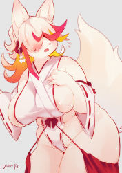 Rule 34 | 1girl, :3, absurdres, animal ear fluff, animal ears, animal nose, areola slip, artist name, bare shoulders, blush, body fur, breasts, colored inner hair, covered eyes, covered navel, cowboy shot, detached sleeves, fangs, female focus, flying sweatdrops, fox ears, fox girl, fox tail, furry, furry female, gradient hair, grey background, groin, hair over eyes, hair ribbon, hand on own chest, hands up, highres, huge breasts, leaning forward, leotard, multicolored hair, nontraditional miko, open mouth, orange hair, original, plump, red hair, red ribbon, ribbon, ribbon-trimmed leotard, ribbon-trimmed sleeves, ribbon trim, rope, shimenawa, shy, sidelocks, signature, simple background, skindentation, solo, standing, streaked hair, sweat, tail, teeth, thick thighs, thighs, ukenya, white fur, white hair, white leotard, wide hips, wide sleeves