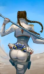 Rule 34 | 1girl, absurdres, apex legends, ass, blue sky, braid, brown hair, feet out of frame, fingerless gloves, from behind, gloves, highres, holding, holding staff, jacket, loba (apex legends), long hair, metal staff, outdoors, pants, sky, solo, staff, strapless, tight clothes, tight pants, tube top, twin braids, vile (vile jp), walking, white gloves, white jacket, white pants