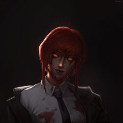 Rule 34 | 1girl, absurdres, artist name, black necktie, blood, blood on clothes, blood on face, bradixr, braid, chainsaw man, closed mouth, coat, collared shirt, commentary, dark, dark background, english commentary, glowing, glowing eyes, head tilt, highres, jacket, light smile, long hair, looking at viewer, makima (chainsaw man), necktie, realistic, red eyes, red hair, ringed eyes, shirt, sidelocks, solo, upper body, white shirt
