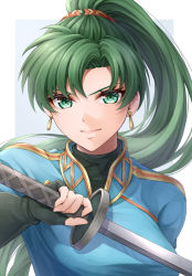 1girl blue_dress closed_mouth dress earrings fingerless_gloves fire_emblem fire_emblem:_the_blazing_blade gloves green_eyes green_gloves green_hair high_ponytail holding holding_sword holding_weapon jewelry lips long_hair looking_at_viewer lyn_(fire_emblem) nintendo parted_bangs pink_lips ponytail smile solo sword teeth ten_(tenchan_man) upper_body upper_teeth_only weapon