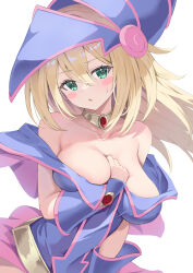 Rule 34 | 1girl, bare shoulders, blonde hair, blush stickers, breasts, choker, cleavage, dark magician girl, duel monster, green eyes, hat, highres, kimblee, large breasts, long hair, looking at viewer, magical girl, solo, very long hair, witch hat, yu-gi-oh!, yu-gi-oh! duel monsters