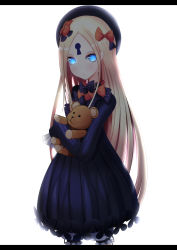 Rule 34 | 1girl, abigail williams (fate), black bow, black dress, black hat, blonde hair, bloomers, blue eyes, bow, bug, butterfly, closed mouth, cowboy shot, dress, fate/grand order, fate (series), forehead, glowing, glowing eyes, hair bow, hat, highres, hugging object, insect, karana (wisteria0413), letterboxed, long hair, long sleeves, looking at viewer, orange bow, parted bangs, polka dot, polka dot bow, simple background, sleeves past fingers, sleeves past wrists, solo, stuffed animal, stuffed toy, teddy bear, underwear, very long hair, white background, white bloomers
