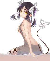 Rule 34 | 1girl, absurdres, aran sweater, backless dress, backless outfit, bare back, black hair, black ribbon, blunt bangs, blush, breasts, cable knit, closed mouth, commentary request, demon girl, demon horns, demon tail, denshigomi, dress, feet out of frame, halterneck, highres, horns, jewelry, kojo anna, kojo anna (3rd costume), leg ribbon, long hair, looking at viewer, looking back, medium breasts, meme attire, multicolored hair, nanashi inc., official alternate costume, pointy ears, purple hair, ribbed sweater, ribbon, ring, sideboob, simple background, sitting, smile, solo, sugar lyric, sweater, sweater dress, tail, tongue, tongue out, transparent background, turtleneck, turtleneck sweater, two-tone hair, virgin killer sweater, virtual youtuber, watch, wristwatch, yellow eyes