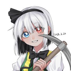 Rule 34 | 1girl, 2023, akaakaakaakashio, black bow, black bowtie, black hairband, black ribbon, blue eyes, bob cut, bow, bowtie, chinese commentary, collared shirt, commentary request, cookie (touhou), dated, eyes visible through hair, fingernails, green vest, grin, hair between eyes, hair over eyes, hair ribbon, hairband, heterochromia, high-visibility vest, highres, holding, holding pickaxe, konpaku youmu, looking at viewer, pickaxe, red eyes, ribbon, shirt, short hair, simple background, smile, solo, touhou, two-tone vest, upper body, vest, white background, white hair, white shirt, yellow vest, zerukalo (cookie)
