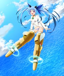 Rule 34 | 1girl, blue hair, blush, cosplay, flying, francesca lucchini, francesca lucchini (cosplay), highres, long hair, looking at viewer, lyrical nanoha, magical girl, levi the slasher, open mouth, purple eyes, solo, strike witches, striker unit, twintails, world witches series