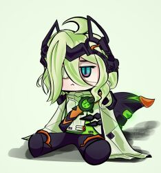 Rule 34 | 1girl, ahoge, blue eyes, commentary, english commentary, expressionless, eyepatch, full body, green background, green hair, hair over one eye, highres, honkai (series), honkai impact 3rd, klein (honkai impact), medium hair, red eyes, simple background, sitting, sleeves past fingers, sleeves past wrists, solo, tail, thaumiyl, two-tone eyes