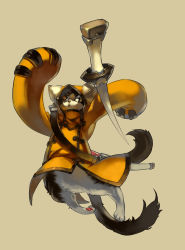 Rule 34 | 1boy, animal ears, animal hood, arc system works, black eyes, blazblue, bottomless, brown background, cat, cat ears, cat hood, cat tail, eyepatch, furry, furry male, highres, hood, jubei (blazblue), male focus, multiple tails, simple background, solo, sword, tail, unsheathed, weapon, yadori (frousol)