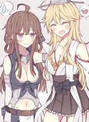 Rule 34 | 2girls, ^ ^, ahoge, arm behind back, arm up, bare shoulders, belt, blonde hair, breasts, brown eyes, cleavage, closed eyes, cosplay, costume switch, closed eyes, grabbing another&#039;s hair, heart, heart in mouth, highres, iowa (kancolle), iowa (kancolle) (cosplay), kantai collection, kongou (kancolle), kongou (kancolle) (cosplay), kvlen, large breasts, multiple girls, navel, no headwear, nontraditional miko, open mouth, skirt, smile, spoken heart, spoken sweatdrop, sweatdrop