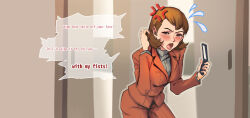 Rule 34 | 1girl, anger vein, blush, breasts, brown hair, cellphone, cowboy shot, earrings, english text, eyelashes, flip phone, formal, grey outline, hands up, highres, holding, holding phone, indoors, jewelry, long sleeves, looking at viewer, medium breasts, medium hair, open mouth, persona, persona 3, phone, skirt, skirt suit, solo, speech bubble, stud earrings, suit, swallowszinan, tears, teeth, tongue, toriumi isako