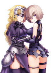 Rule 34 | 2girls, armor, armored dress, ass, bad id, bad pixiv id, bare shoulders, black dress, blonde hair, blue eyes, braid, breasts, capelet, cleavage, dress, elbow gloves, fate/apocrypha, fate/grand order, fate (series), faulds, garutaisa, gauntlets, gloves, hair over one eye, hand on another&#039;s arm, headpiece, highres, jeanne d&#039;arc (fate), jeanne d&#039;arc (ruler) (fate), large breasts, bridal garter, long hair, looking at viewer, mash kyrielight, multiple girls, purple dress, purple eyes, purple hair, short hair, simple background, single braid, smile, thighhighs, very long hair, white background, zettai ryouiki
