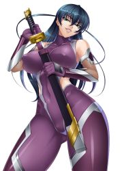 Rule 34 | 1girl, blue hair, bodysuit, breasts, commentary request, covered collarbone, covered erect nipples, covered navel, elbow gloves, fishnets, gloves, green eyes, highres, holding, holding sword, holding weapon, igawa asagi, kagami hirotaka, katana, large breasts, lipstick, long hair, looking at viewer, makeup, official art, parted lips, purple bodysuit, sheath, shiny clothes, simple background, skin tight, sleeveless, smile, solo, sword, taimanin (series), taimanin asagi, turtleneck, weapon, white background