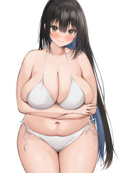 Rule 34 | 1girl, absurdres, arms under breasts, bikini, black hair, blush, breasts, brown eyes, cleavage, collarbone, cowboy shot, highres, huge breasts, long hair, looking at viewer, navel, neneneji, original, plump, sagging breasts, simple background, smile, solo, standing, swimsuit, thick thighs, thighs, very long hair, white background, white bikini