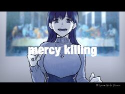 Rule 34 | 1girl, backlighting, blue eyes, blue hair, blurry, blurry background, breasts, bukiyama, clenched hands, commentary, cross, cross necklace, english text, fine art parody, hand up, hashtag, jewelry, large breasts, long hair, long sleeves, looking at viewer, mercy killing (vocaloid), necklace, open mouth, painting (object), parody, ribbed sweater, smile, solo, song name, straight-on, sweater, sweater tucked in, the last supper, turtleneck, turtleneck sweater, underbust, upper body, vocaloid