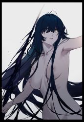 Rule 34 | 1girl, absurdres, antenna hair, armpits, black hair, breasts, collarbone, copyright request, duoyuanjun, grey background, highres, holding, holding weapon, large breasts, long hair, navel, nipples, parted lips, simple background, solo, upper body, very long hair, weapon, yellow eyes