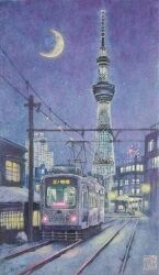 Rule 34 | absurdres, arakawa (tokyo), building, city, crescent moon, fine art parody, highres, moon, night, night sky, nihonga, no humans, original, parody, power lines, road, scenery, sky, skyscraper, street, streetcar, tanamachi yoshihiro, tokyo (city), tokyo skytree
