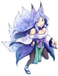 Rule 34 | 1girl, animal ears, bare shoulders, breasts, cleavage, fox, fox ears, fox tail, full body, green eyes, highres, japanese clothes, kikyou (sakuragi rian), kitsune, large breasts, light purple hair, long hair, looking at viewer, multiple tails, off shoulder, open mouth, original, sakuragi rian, simple background, solo, tail, white background