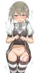 Rule 34 | 1girl, absurdres, black skirt, black thighhighs, blush, breasts, brown eyes, clothes lift, commentary request, commission, cowboy shot, dashed eyes, drooling, empty eyes, flower, grey hair, hair between eyes, hair flower, hair ornament, hairclip, highres, lifting own clothes, looking at viewer, medium hair, miniskirt, minowa gin, navel, object insertion, open mouth, pleated skirt, ponytail, puffy short sleeves, puffy sleeves, sabo (12454861), saliva, sex toy, short sleeves, simple background, skeb commission, skirt, skirt lift, small breasts, solo, striped clothes, striped thighhighs, tears, thigh gap, thighhighs, trembling, vaginal, vaginal object insertion, variant set, vibrator, vibrator cord, vibrator in thighhighs, washio sumi wa yuusha de aru, white background, white thighhighs, yuusha de aru