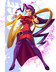 Rule 34 | 1girl, ahoge, belt, belt skirt, blue eyes, bokuman, breasts squeezed together, breasts, capcom, hagoromo, hair slicked back, impossible clothes, impossible shirt, large breasts, legs, lips, long hair, pantyhose, purple hair, rose (street fighter), scarf, shawl, shirt, single hair intake, solo, street fighter, street fighter zero (series)