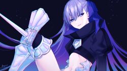Rule 34 | 1girl, armored boots, black background, black jacket, blue ribbon, boots, cropped jacket, fate/extra, fate/extra ccc, fate/grand order, fate (series), flat chest, grin, hair ribbon, high collar, jacket, juliet sleeves, katagiri (mighty swing), long hair, long sleeves, looking at viewer, meltryllis (fate), navel, prosthesis, prosthetic leg, puffy sleeves, purple eyes, purple hair, ribbon, sitting, smile, solo, twitter username, very long hair