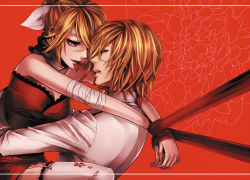 Rule 34 | 1boy, 1girl, bad id, bad pixiv id, bandages, bdsm, blonde hair, blood, blood in mouth, blood on face, bondage, bound, bound arms, breasts, brother and sister, cleavage, dress, eye contact, face-to-face, floral print, garter straps, hair ribbon, hug, incest, kagamine len, kagamine rin, karakuri burst (vocaloid), looking at another, mouth hold, red dress, red eyes, ribbon, ribbon bondage, scar, shirt, siblings, sitting, sitting on lap, sitting on person, suzunosuke (sagula), thighhighs, tied up (nonsexual), twins, vocaloid, zettai ryouiki