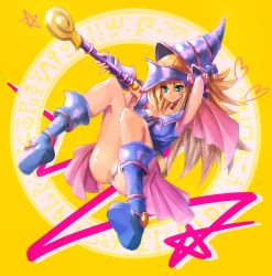 Rule 34 | 1girl, absurdres, ass, bare legs, bare shoulders, blonde hair, blue footwear, blush, blush stickers, boots, breasts, cameltoe, choker, cleavage, dark magician girl, deluxe&lt;&lt;&lt;, duel monster, female focus, full body, green eyes, hat, highres, large breasts, legs, long hair, magical girl, panties, pentacle, simple background, skirt, smile, solo, staff, underwear, wand, white panties, wizard hat, yu-gi-oh!, yuu-gi-ou, yu-gi-oh! duel monsters